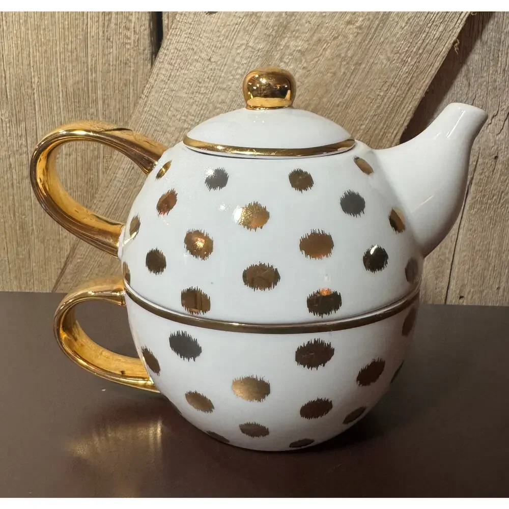 Wonder White With Gold Polka Dot Tea for One Teapot Cup Set Dishwasher Safe